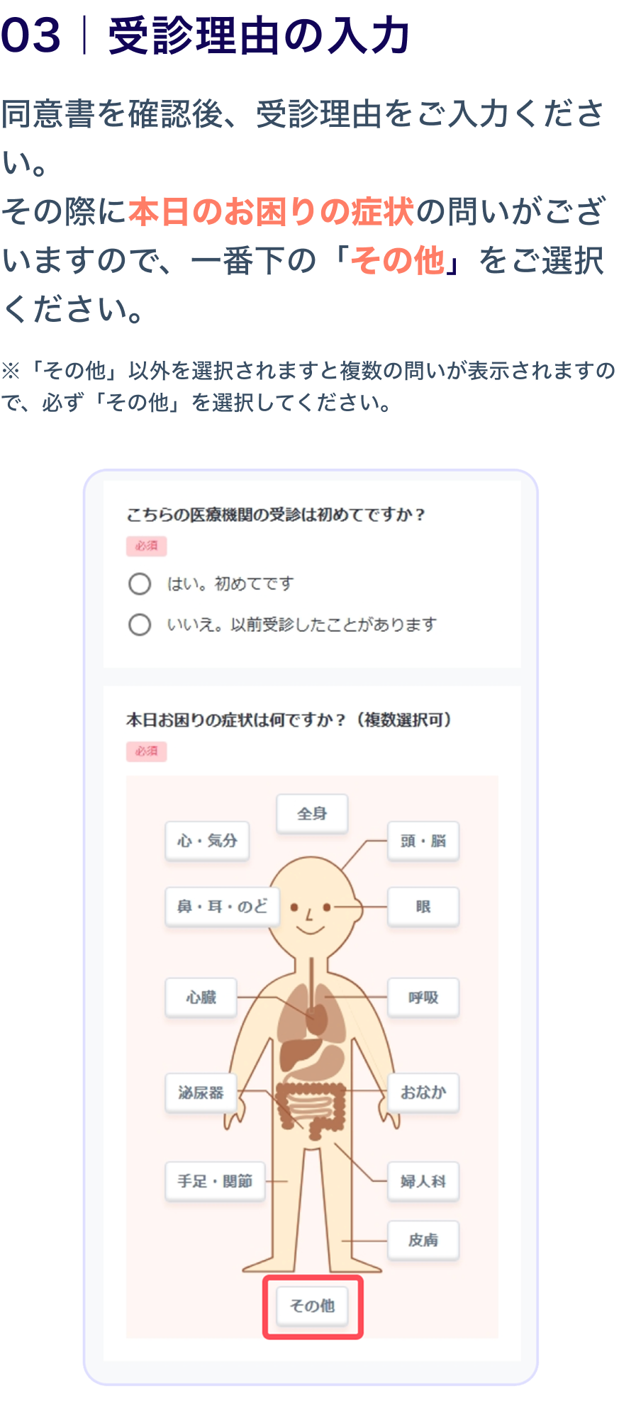 03 受診理由の入力
                    同意書を確認後、受診理由をご入力ください。
その際に本日のお困りの症状の問いがございますので、一番下の「その他」をご選択ください。
※「その他」以外を選択されますと複数の問いが表示されますので、必ず「その他」を選択してください。

                    