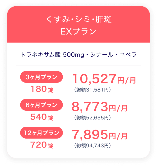 くすみ･シミ･肝斑EXプラン
                          トラネキサム酸 500mg・シナール・ユベラ
                          ３ヶ月プラン 180錠 10,527円/月（総額31,581円）
                          6ヶ月プラン 540錠 8,773円/月（総額52,635円）
                          12ヶ月プラン 720錠 7,895円/月（総額94,743円）