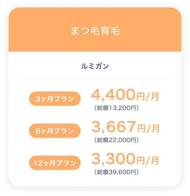 まつ毛育毛
                    ルミガン
                    ３ヶ月プラン  4,400円/月（総額13,200円）
                    6ヶ月プラン   3,667円/月（総額22,000円）
                    12ヶ月プラン  3,300円/月（総額39,600円）