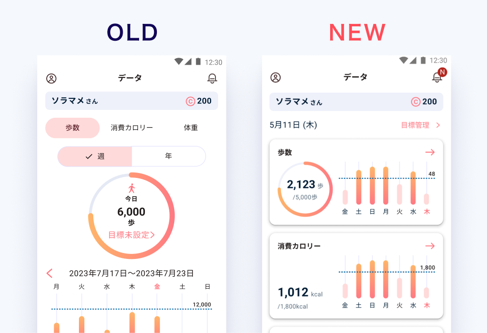 アプリの以前のデザインと新しいデザインの比較画像