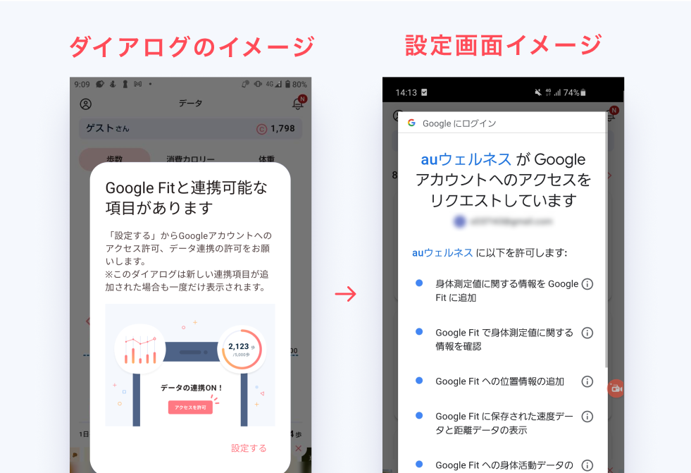 ダイアログのイメージ画像と、ダイアログの「設定する」を押した時のデータ連携設定画面のイメージ画像