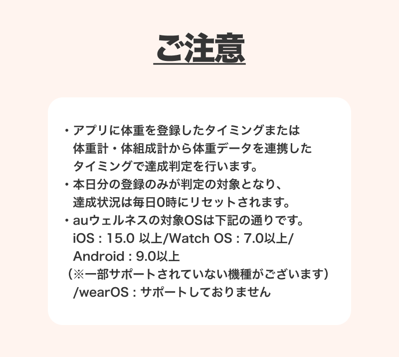 ご注意 アプリに体重を記録したタイミングまたは体重計・体組成計から体重データを連携したタイミングで達成判定を行います。本日分の登録のみが判定の対象となり、達成状況は毎日0時にリセットされます。auウェルネスの対象OSは下記の通りです。iOS：15.0以上/Watch OS：7.0以上/Android：9.0以上（※一部サポートされていない機種がございます）/wearOS：サポートしておりません